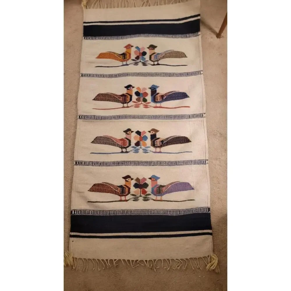 Folk Art Hand Woven Wool Vintage Fringed Rug/Tapestry 62